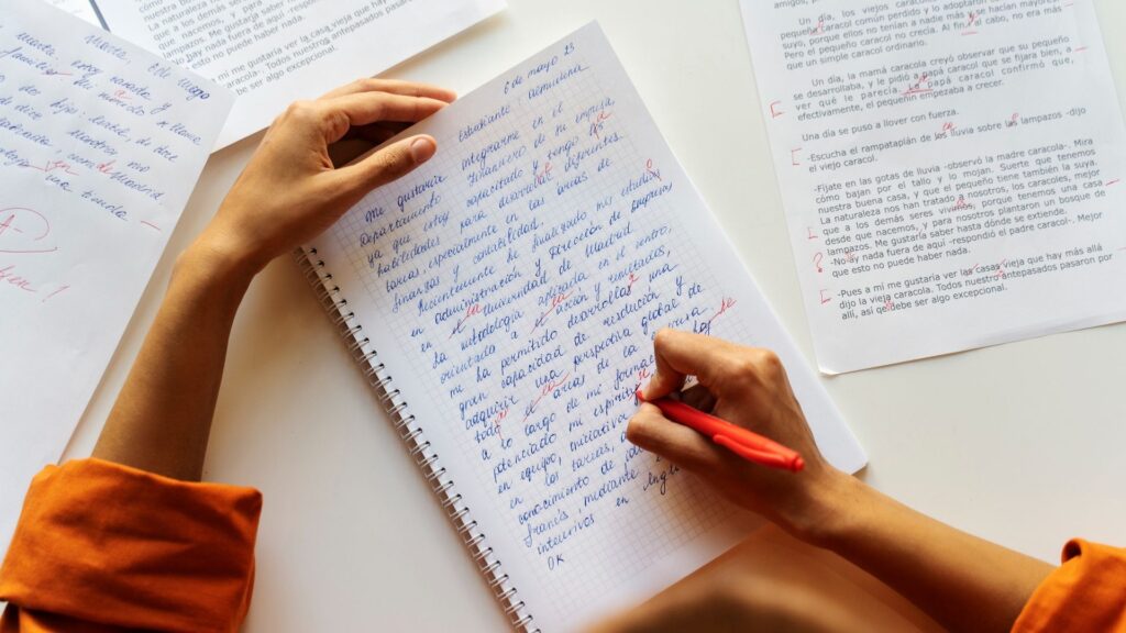 A Person Writing an Essay on a Piece of Paper